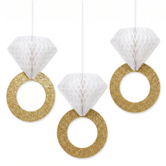 Glitter Gold Diamond Ring Hanging Decorations, 12-Inch, 3-Pack