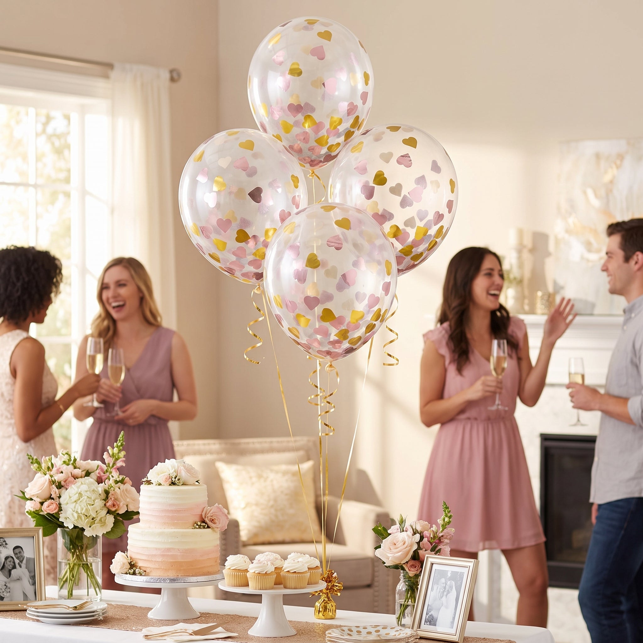 Heart Confetti Latex Balloons - 12" Pink & Gold, Pack of 6