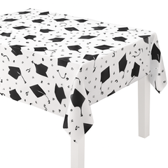 Graduation Celebration Plastic Table Cover, Black & White, 54x84-In