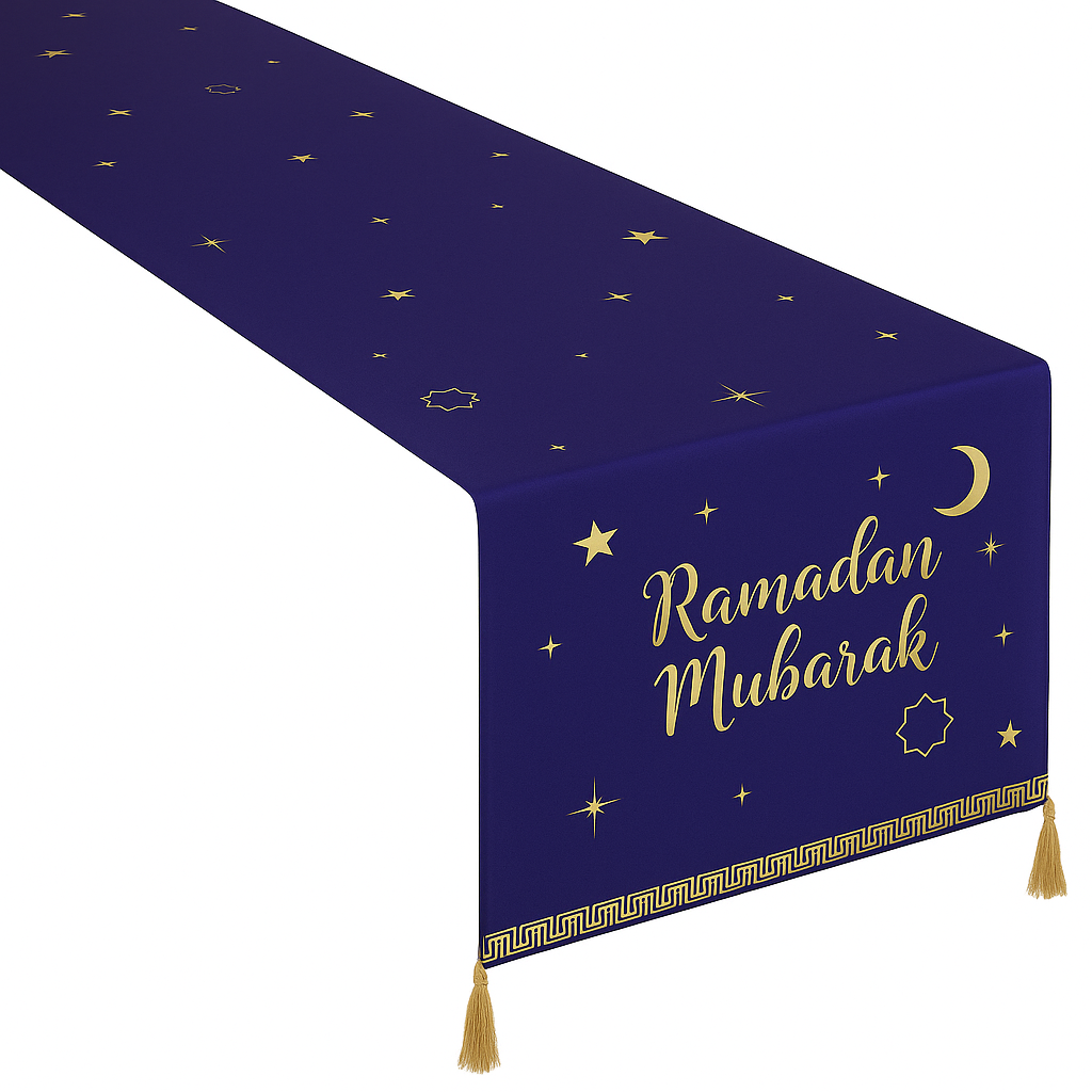 "Ramadan Mubarak" Navy & Gold Table Runner ‚Äì 14x72-in Fabric Decoration