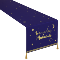 "Ramadan Mubarak" Navy & Gold Table Runner ‚Äì 14x72-in Fabric Decoration