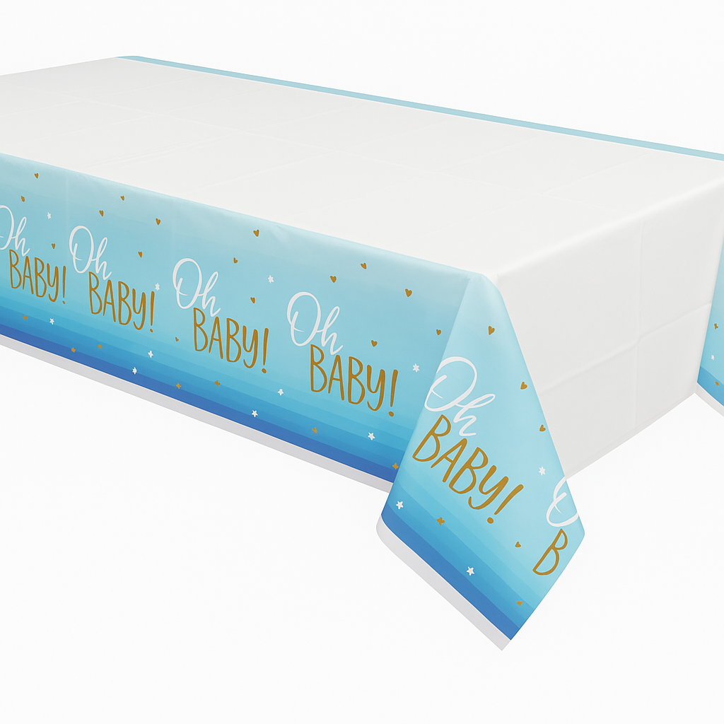 "Oh Baby" Plastic Table Cover - Blue Ombre Design for Baby Showers