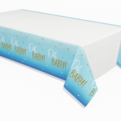 "Oh Baby" Plastic Table Cover - Blue Ombre Design for Baby Showers