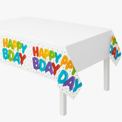 Balloon Birthday "Happy Bday" Plastic Table Cover - Reusable, 54x102-inch