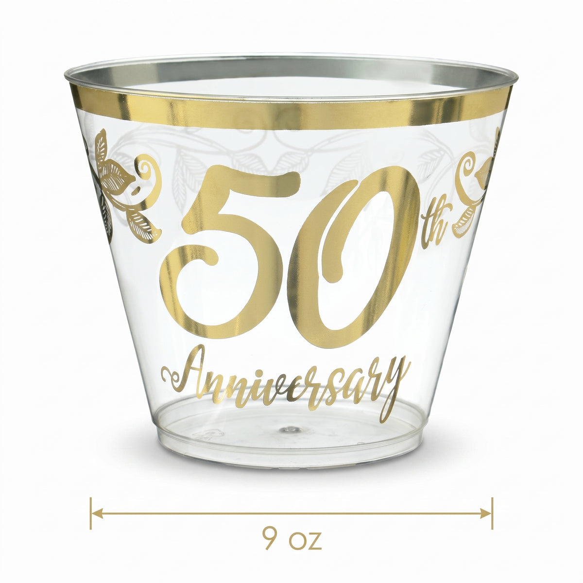 Elegant 50th Anniversary Plastic Tumblers, 9 oz, Clear/Gold, 30-Pack