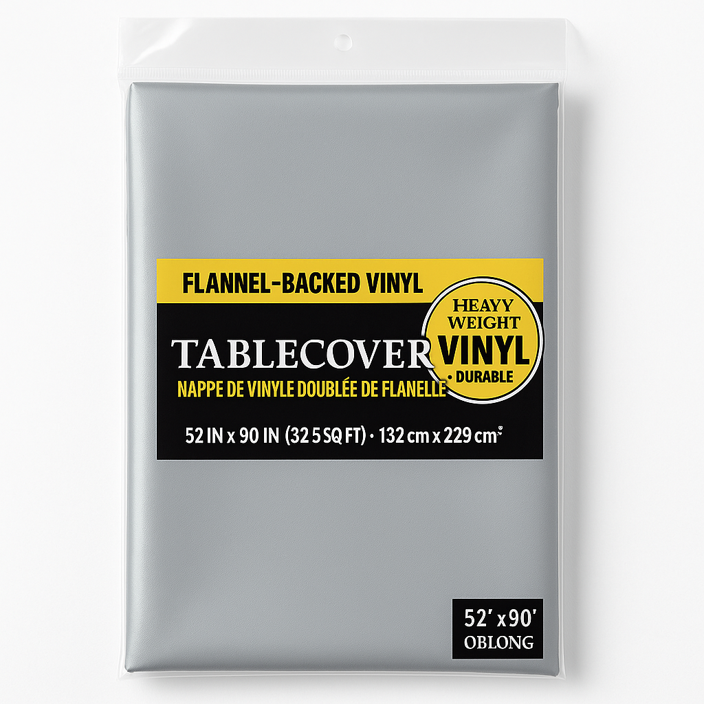 Silver Flannel-Backed Vinyl Tablecover - 52" x 90"