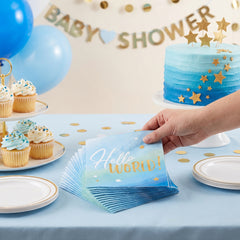 "Hello World" Blue and Gold Lunch Napkins - 6.5 In. x 6.5 In., 16-Pack