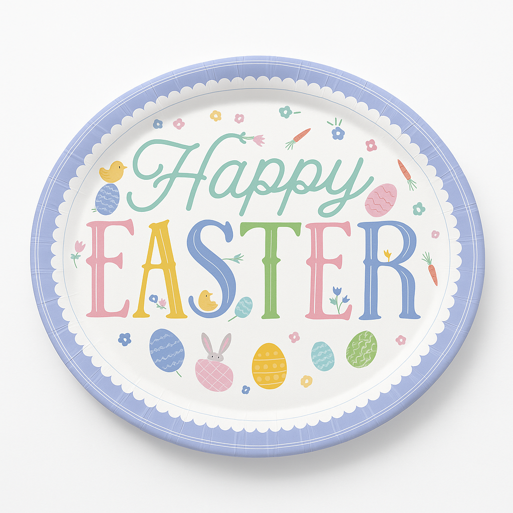 "Happy Easter" Pastel Oval Paper Plates - 12-Inch, 8 Pack