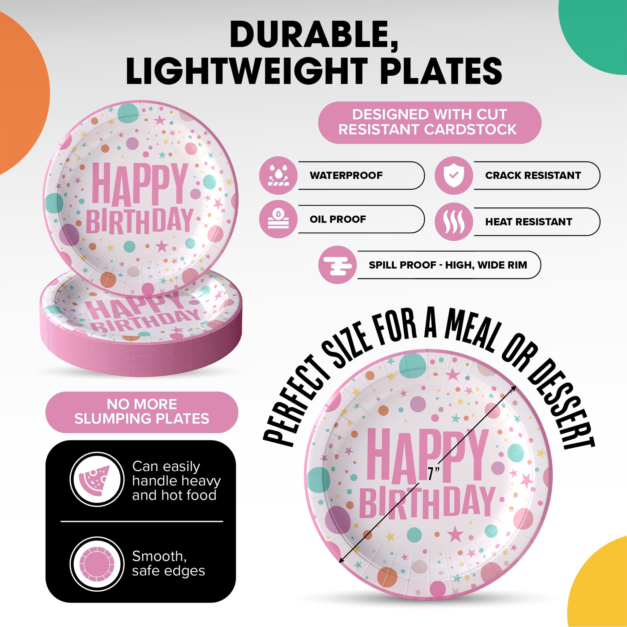 7 In. Pink Birthday Print Paper Plates - 50 Ct.