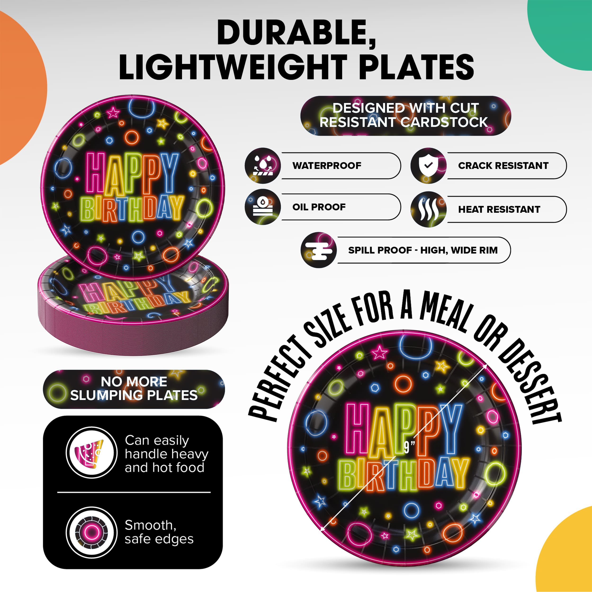 9 In. Neon Birthday Print Paper Plates - 50 Ct.