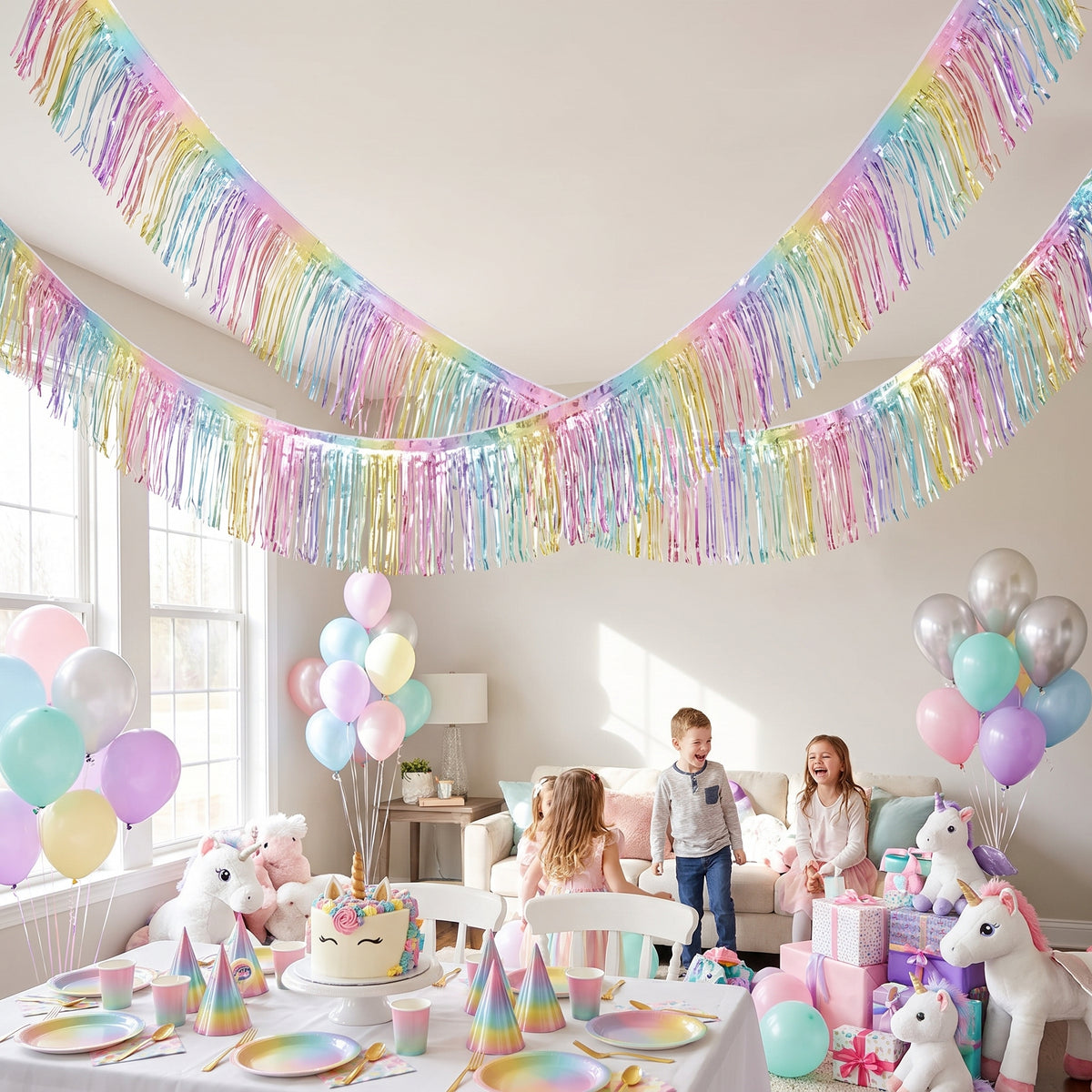 Pastel Rainbow Metallic Hanging Ceiling Decoration, 12-ft