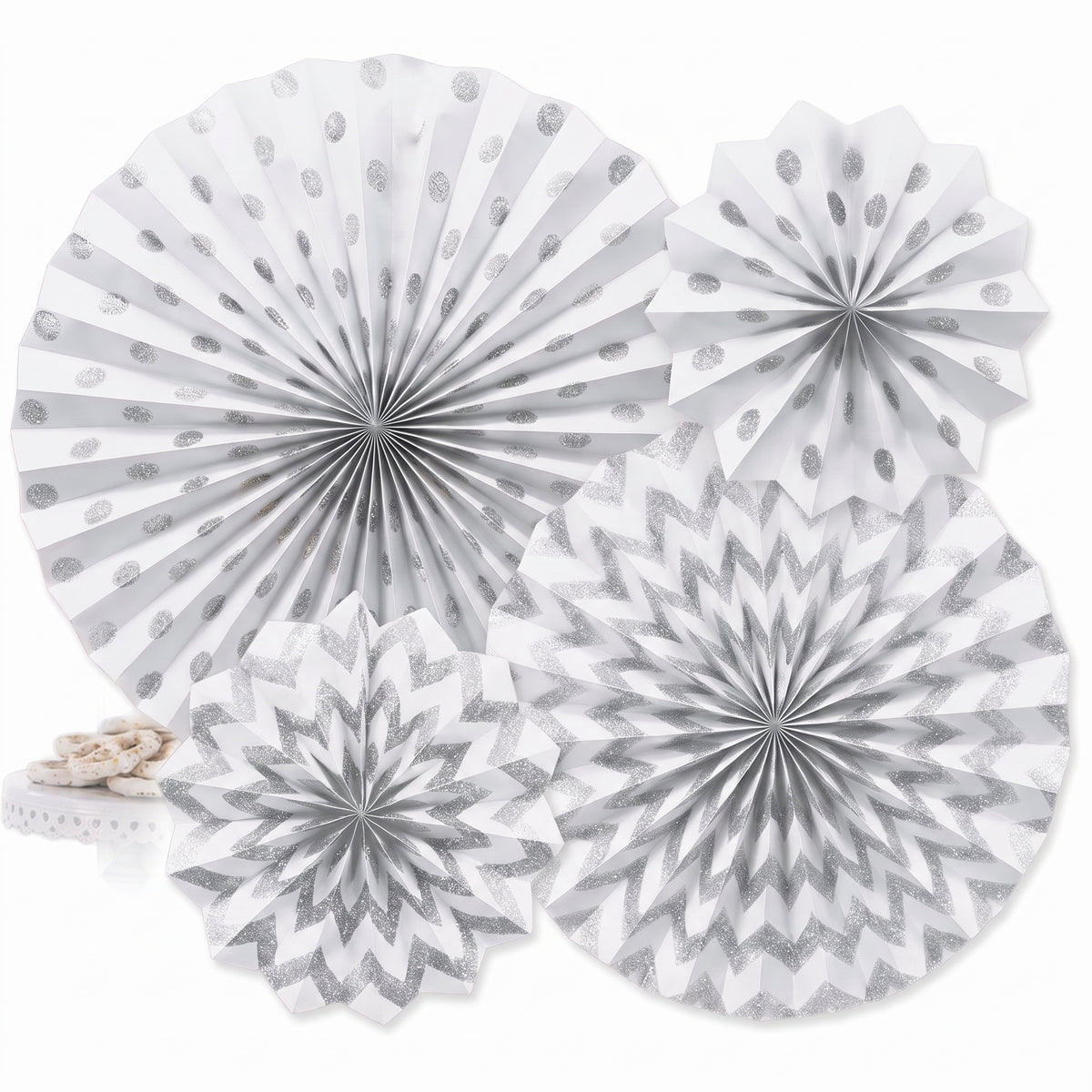 White Glitter Paper Fan Decorations - Set of 4