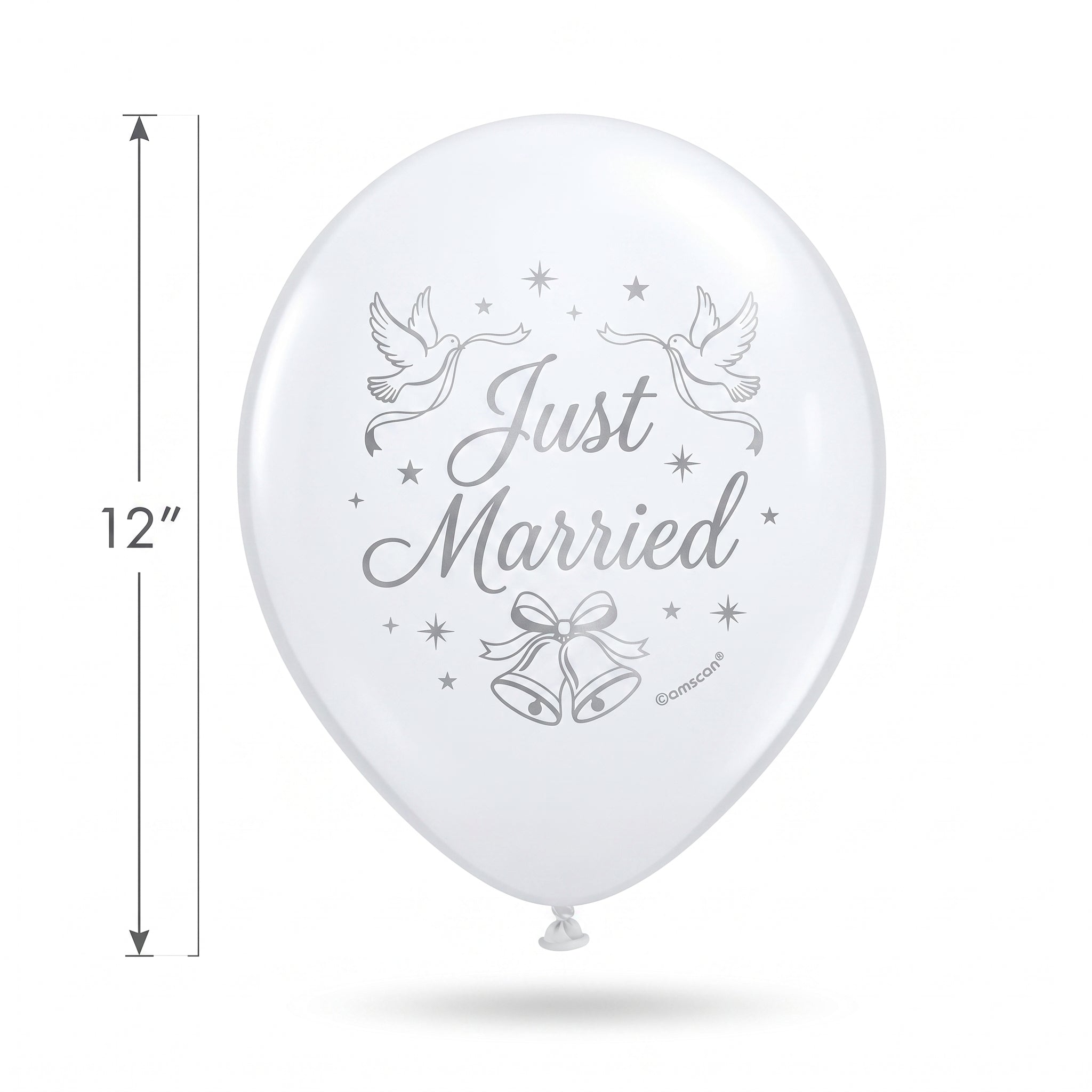 "Just Married" Wedding Latex Balloons, White/Silver, 12-Inch, 15-Pack