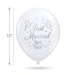 "Just Married" Wedding Latex Balloons, White/Silver, 12-Inch, 15-Pack