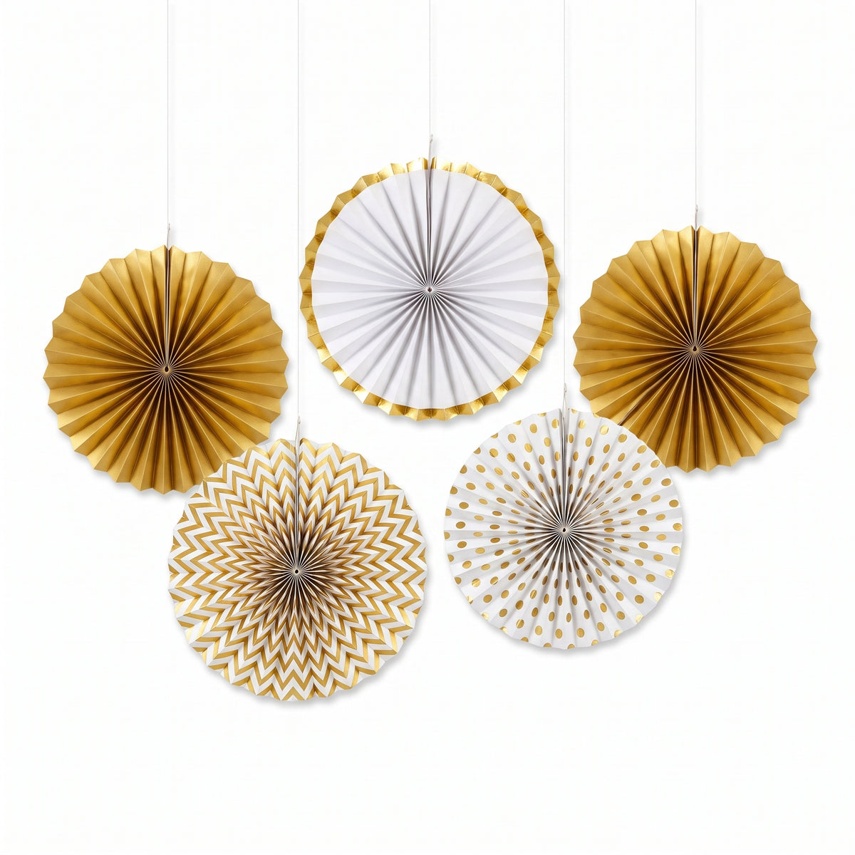 Gold Patterned Paper Fan Decorations - 5 Inch, 5-Pack
