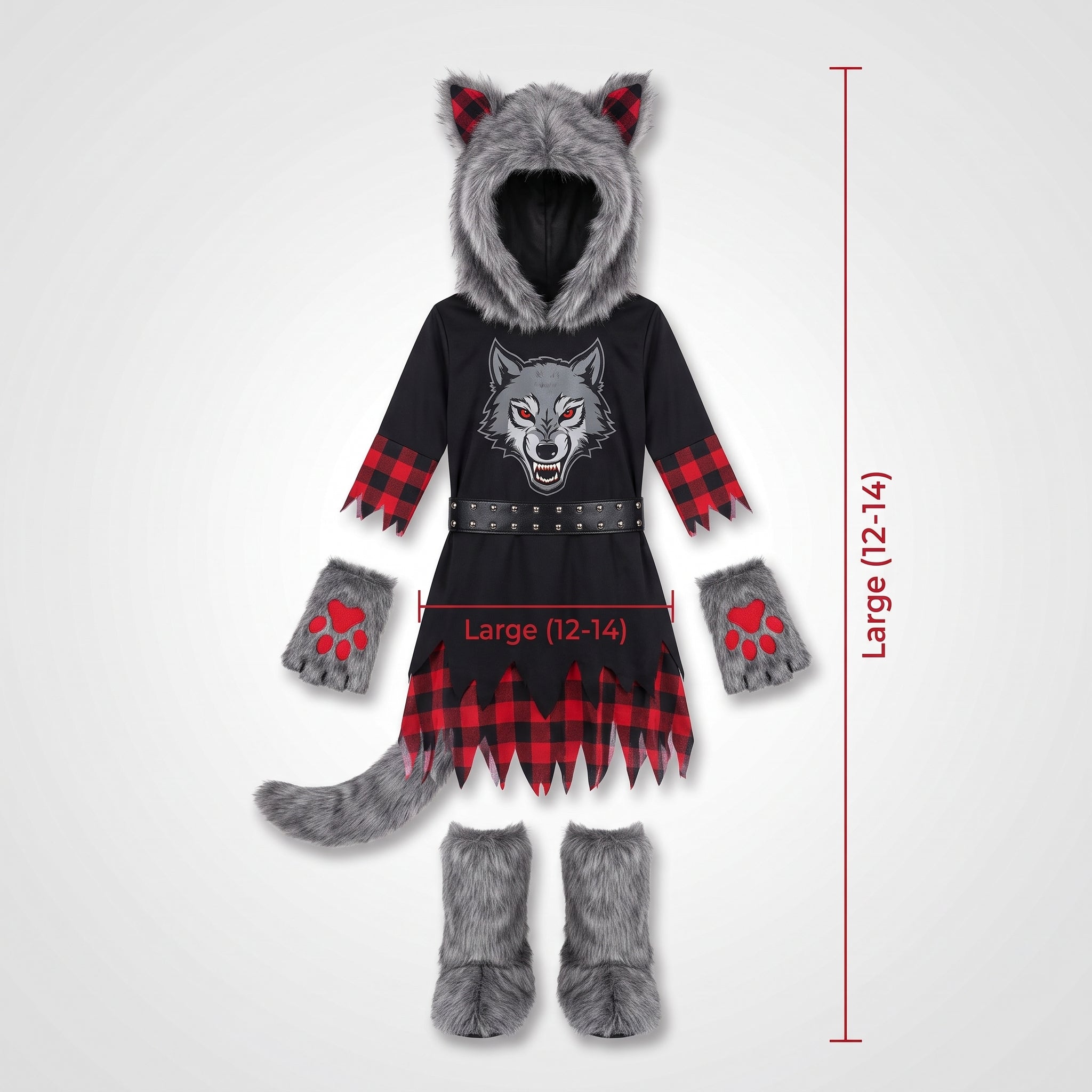 Kids' She-Wolf Halloween Costume with Faux Fur and Plaid Details - Child L (12-14)