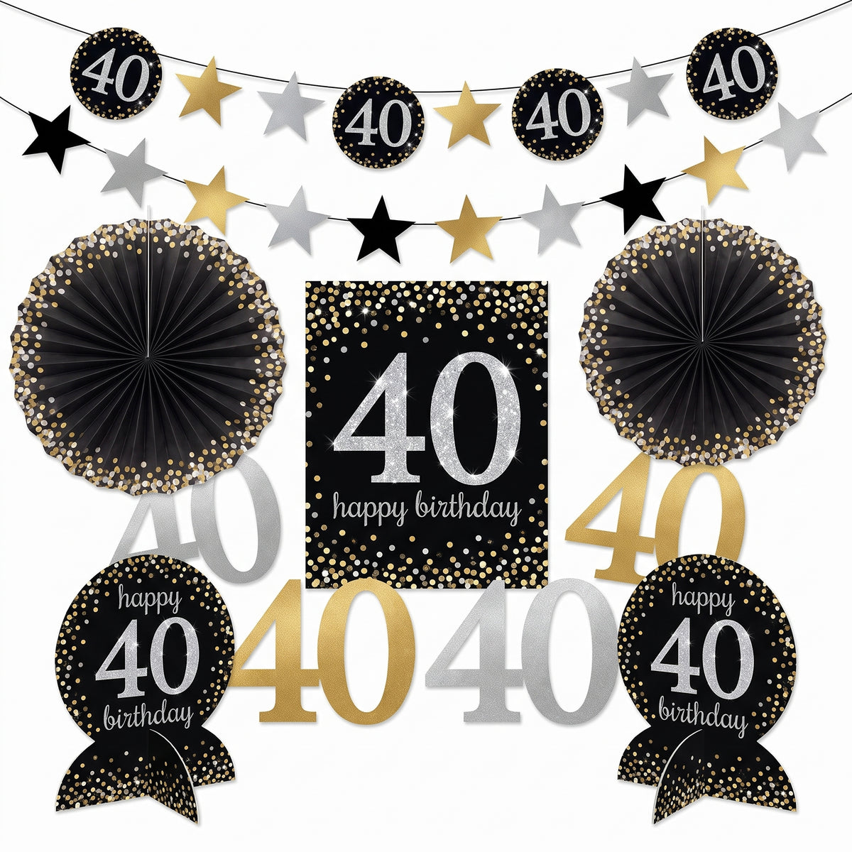 Sparkling Celebration 40th Birthday Room Decorating Kit - Black, Gold & Silver