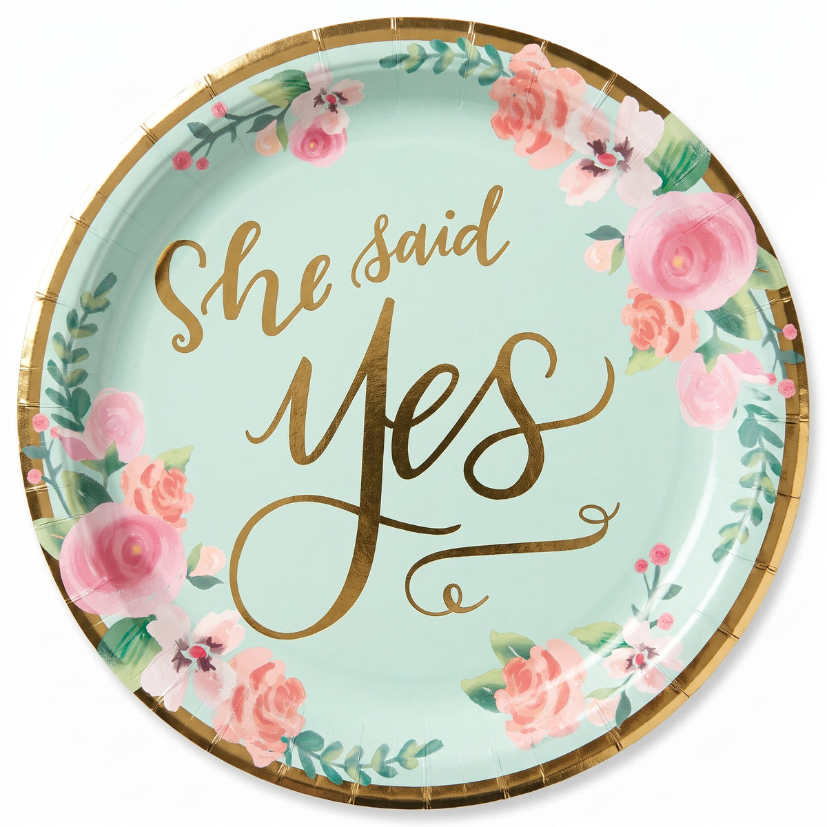 "She Said Yes" Floral 7" Round Metallic Mint Dessert Plates - 8 Pack