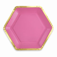 Bright Pink Hexagonal Metallic Paper Plates - 7"