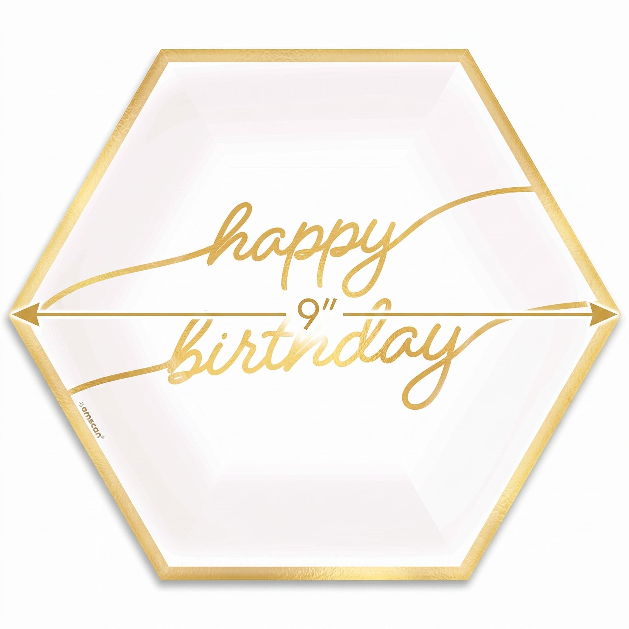 Golden Age Hexagon "Happy Birthday" Metallic Plates, 9-Inch, 8-Pack