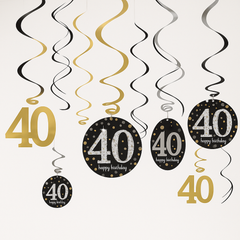 Sparkling 40th Birthday Celebration Swirl Decorations, Gold/Silver/Black, 12-Pack