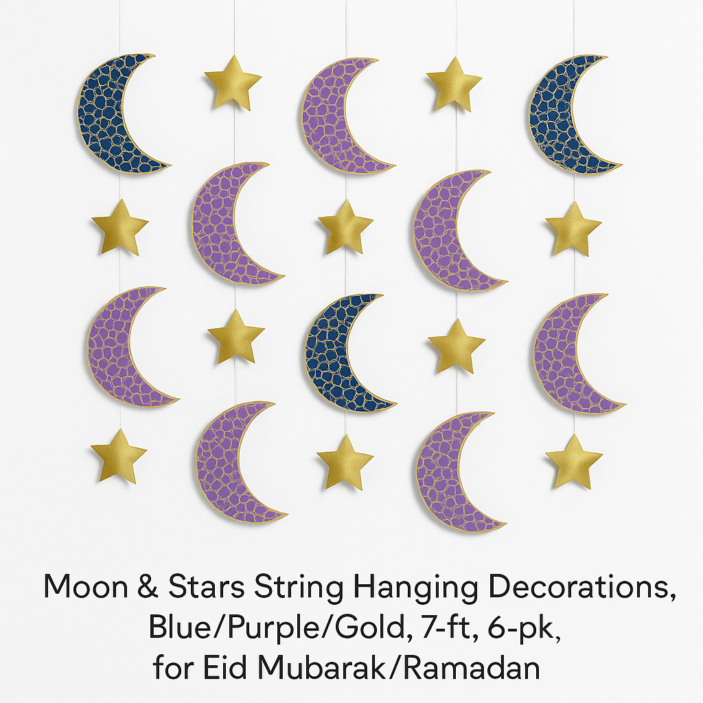 Moon & Star String Decorations ‚Äì Blue, Purple & Gold, 7 ft, 6-Pack for Eid Celebrations