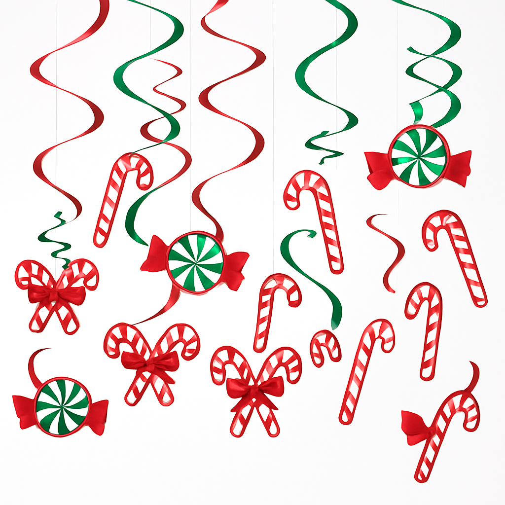 Festive Candy Cane Swirl Hanging Decorations - 12 Pack