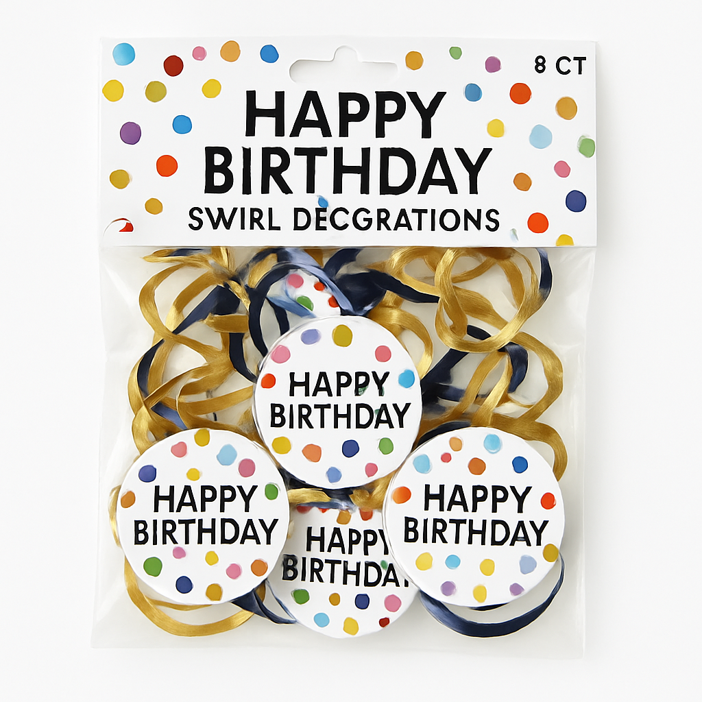 Multi-Coloured & Metallic Gold Happy Dots Birthday Swirl Decorations