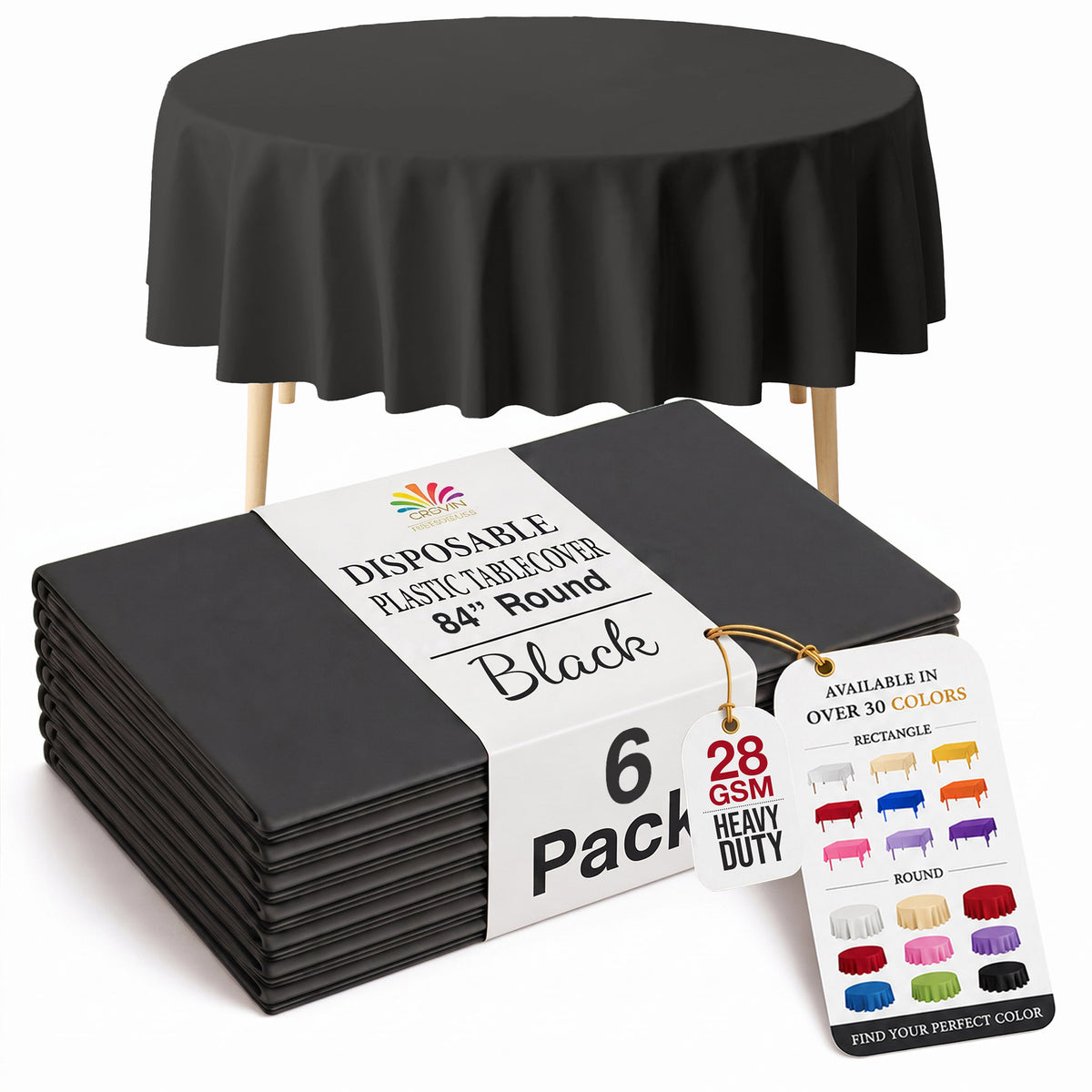 Black Round Plastic Table Covers | 6 Pack | 84 in.