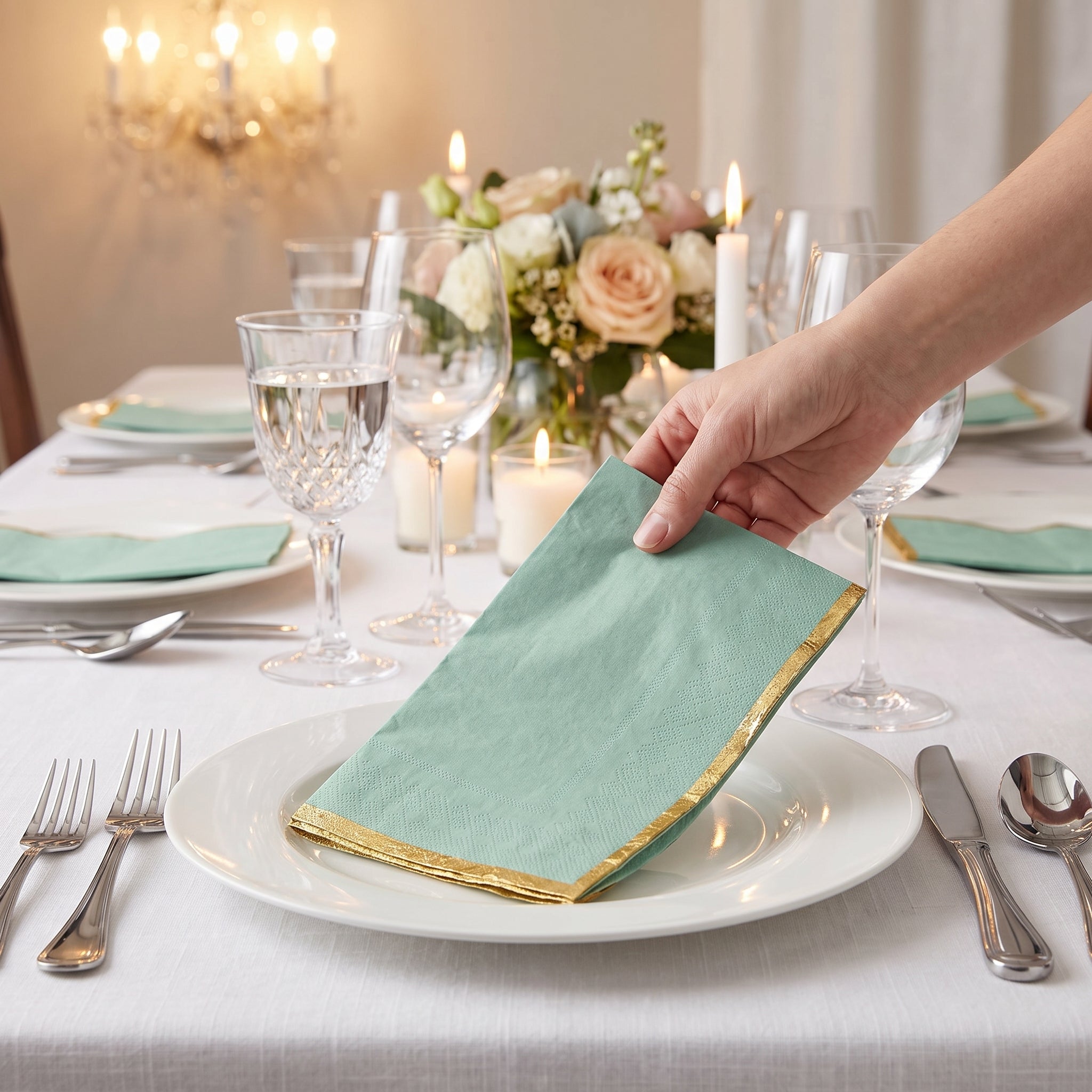 Elegant Willow Green Lunch Napkins - 6.5 In. x 6.5 In. with Gold Hot Stamping