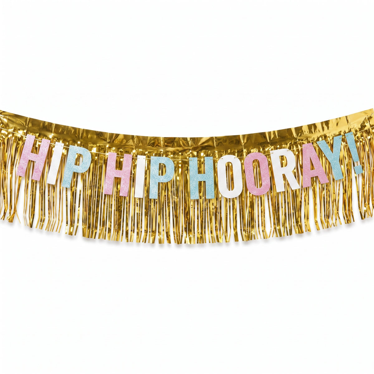 "Hip Hip Hooray" Glitter Fringe Birthday Banner, Gold, 10-ft