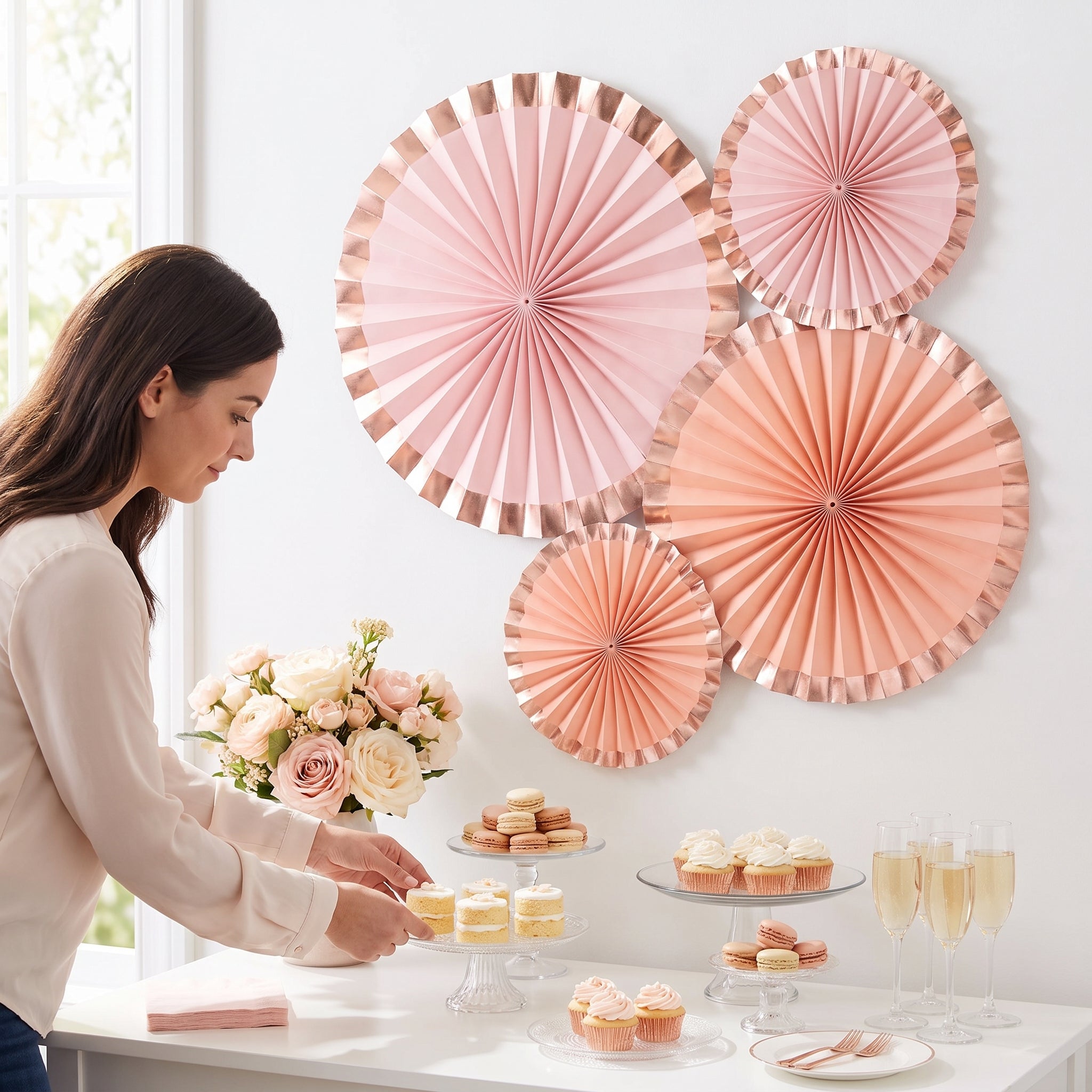Rose Gold Parasol Paper Fans - Set of 4, 16-inch