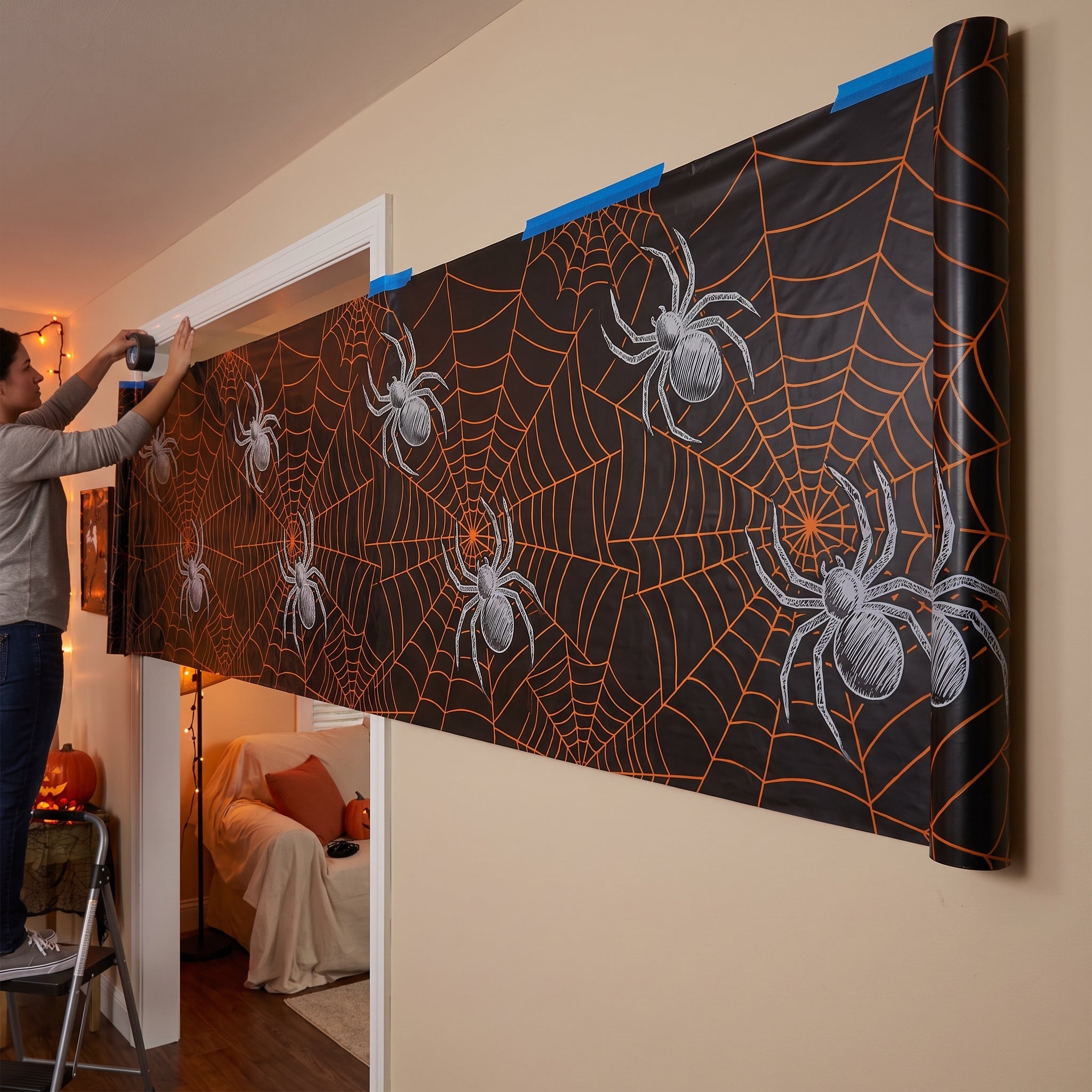 Classic Black & Orange Spider Web Room Roll
