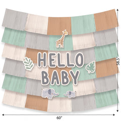 Jungle Baby Shower Deluxe Backdrop Kit with "Hello Baby" Fringe Garland
