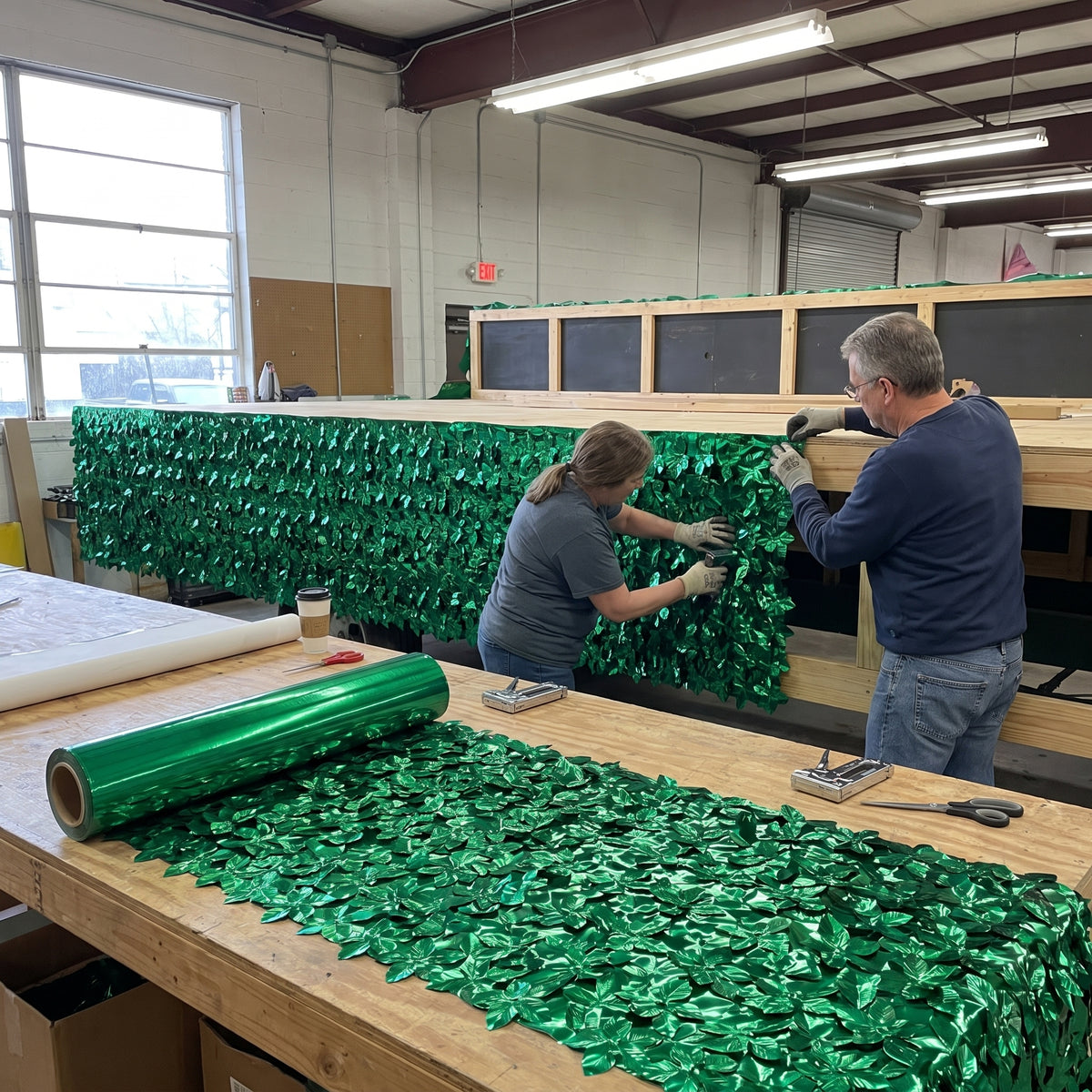 Green Metallic Floral Vinyl Curtain - 15 Ft.
