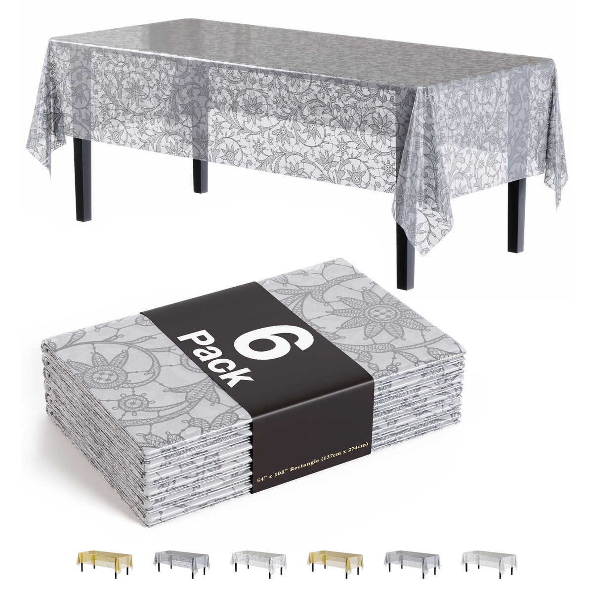 Silver Lace Plastic Table Covers | 6 Pack | 54 in. x 108 in.
