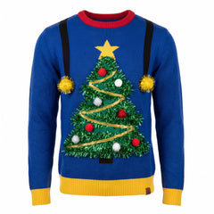 Men's Ugly Christmas Tree Sweater - Blue, L/XL - Adult L/XL