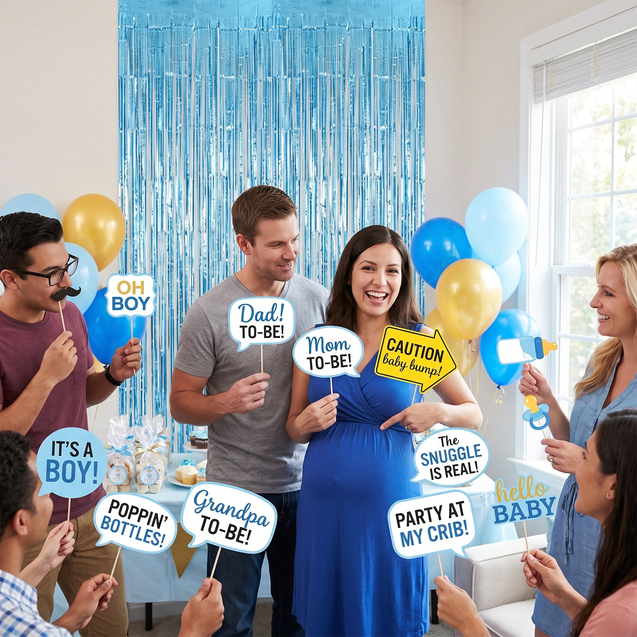 Glitter Baby Boy Shower Photo Booth Prop Kit with Blue Fringe Backdrop, 21-Piece Set