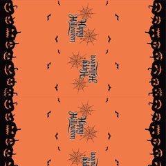 Close-up of the Happy Halloween print: jack-o'-lantern border, bats and spider webs on orange