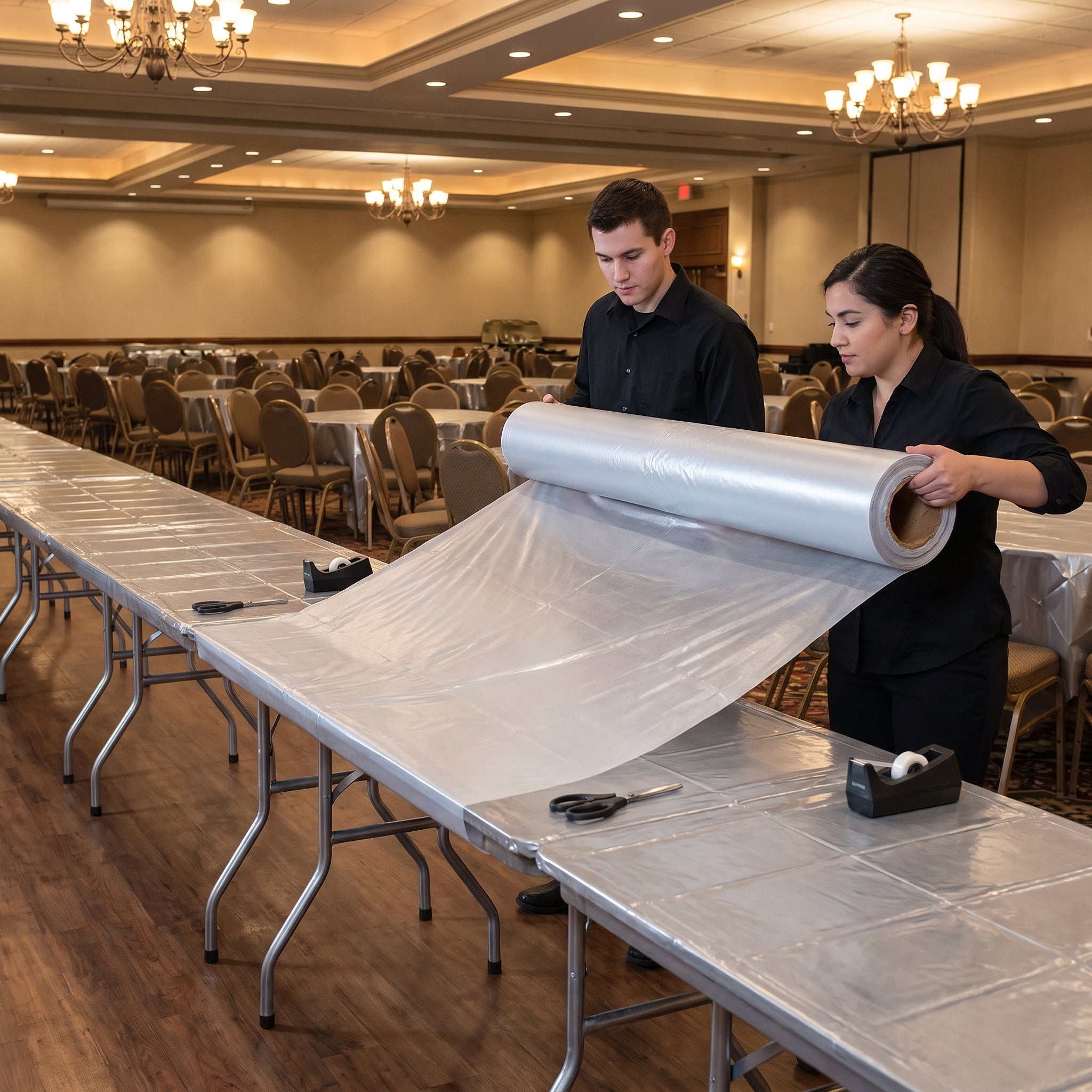 Silver Plastic Table Cover Roll - 40" x 100' for Versatile Event Use