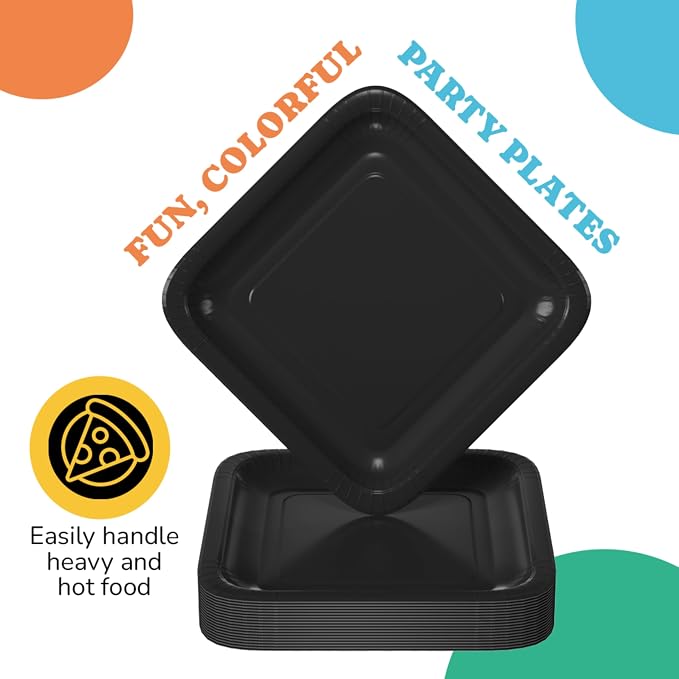 9 In. Black Square Paper Plates - 50 Ct.