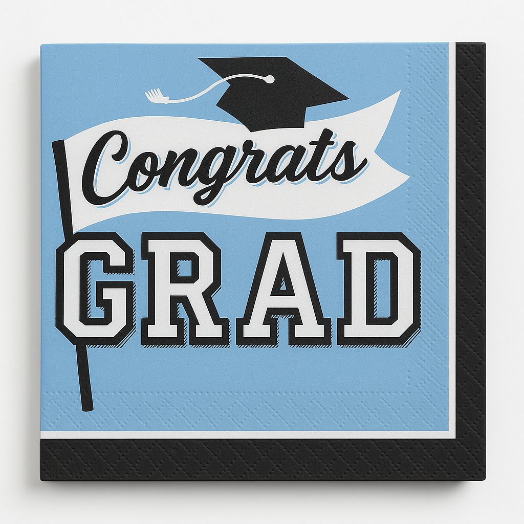 Powder Blue "Congrats Grad!" Graduation Luncheon Napkins - 6.5 In. x 6.5 In.