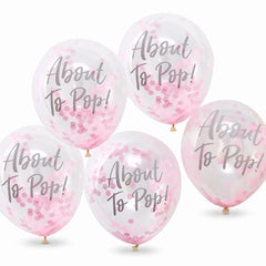 "About to Pop!" Pink Confetti Balloons for Baby Shower
