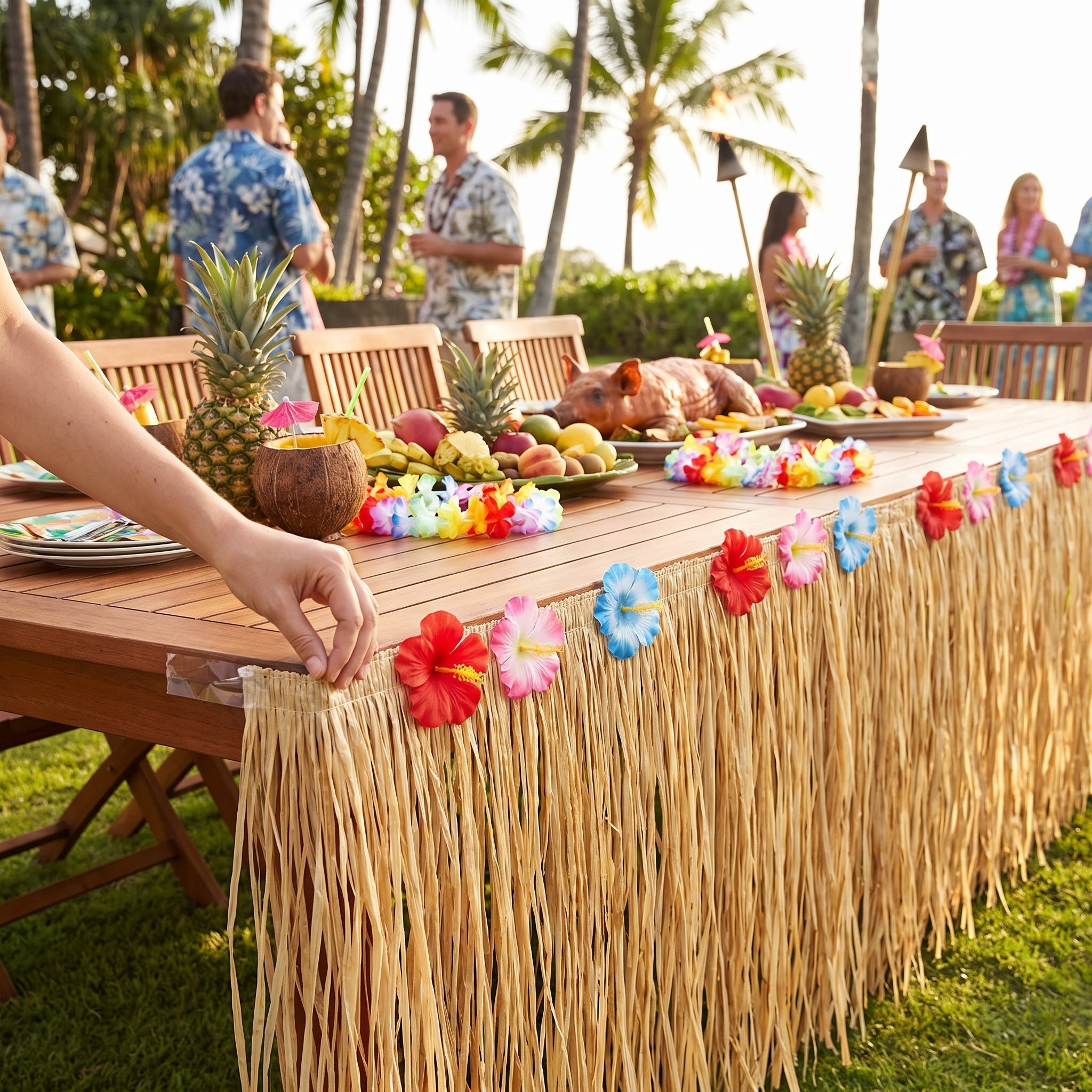 Tropical Natural Grass Table Skirt with Hibiscus Accents - 9ft x 15in