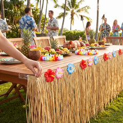 Tropical Natural Grass Table Skirt with Hibiscus Accents - 9ft x 15in