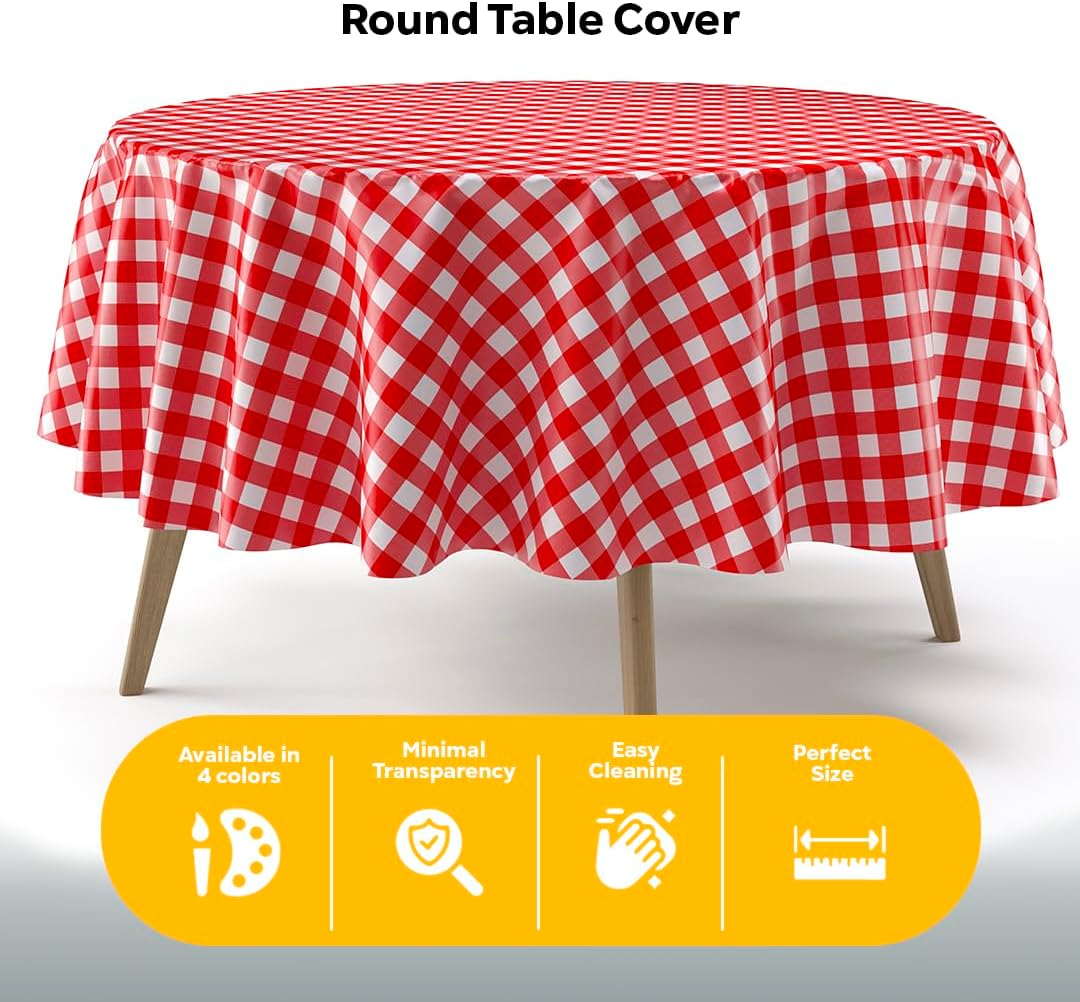 Round Red Gingham Plastic Table Covers | 6 Pack