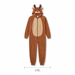 Adult Reindeer Fleece Jumpsuit with Hood - L/XL Size - Adult L/XL