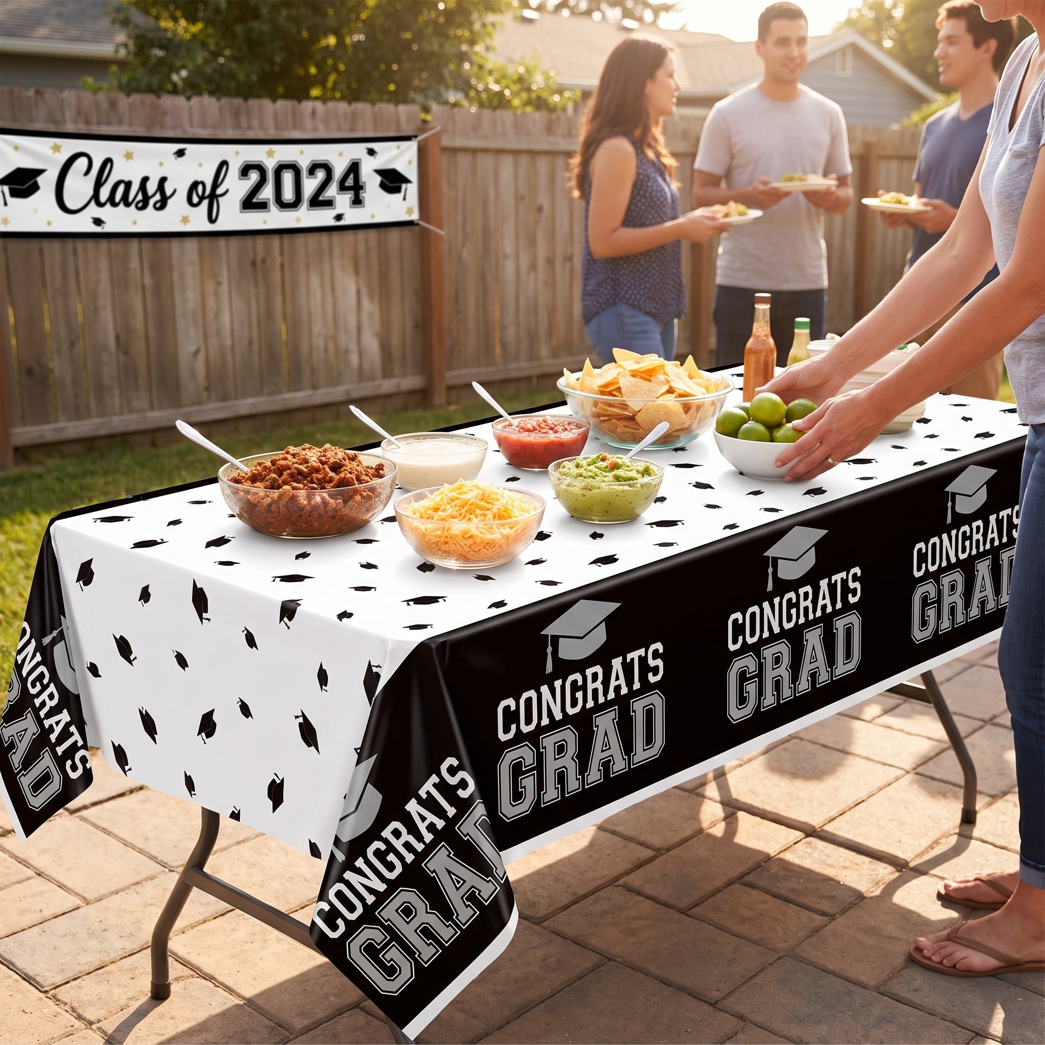 "Congrats Grad" Reusable Plastic Table Cover, Black/White, 54x84-in for Graduation