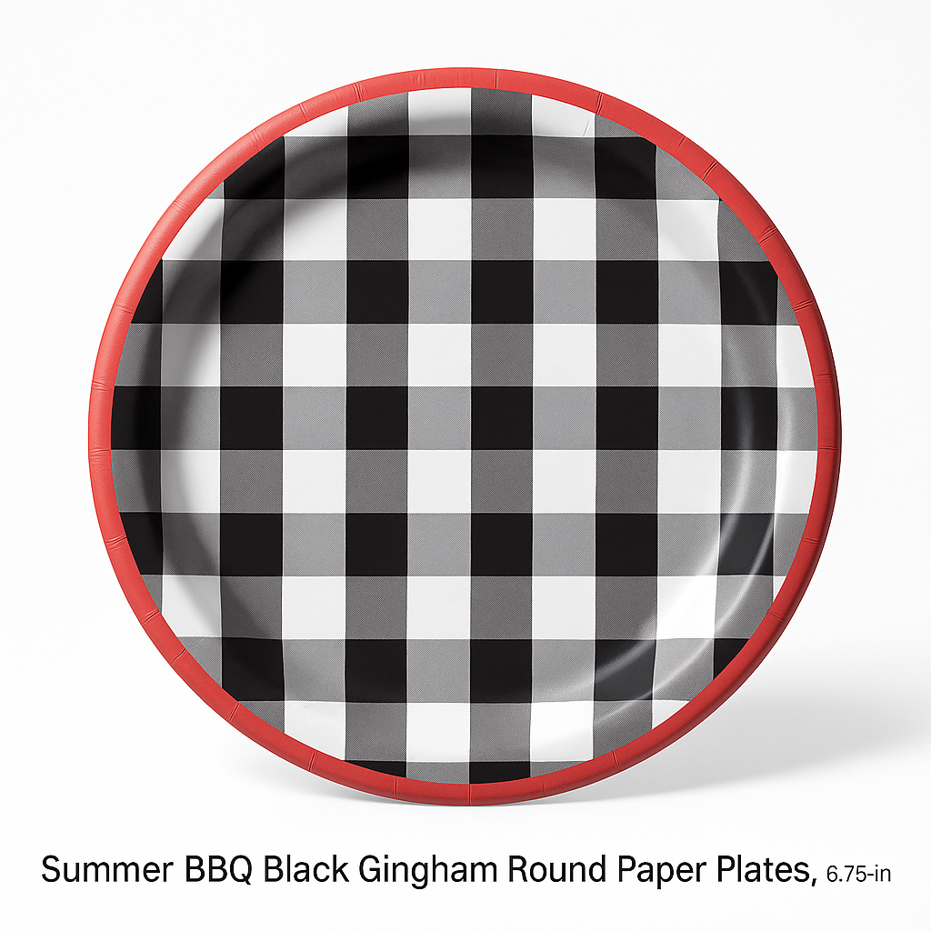 Summer BBQ Black Gingham Round Paper Plates, 6.75-Inch, 20-Count - 6.75 in.