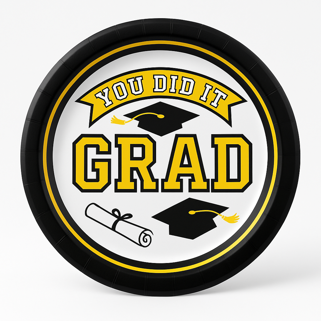 "You Did It Grad" Yellow Graduation Party Plates - 6.75-Inch Round, 20-Pack